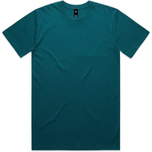 A teal t-shirt with a round neckline and short sleeves, featuring a branding label on the inside.