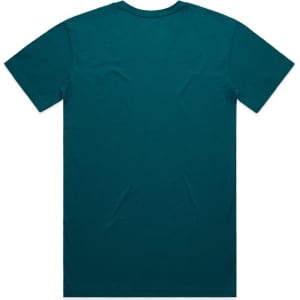 A teal T-shirt with a plain back, featuring a logo at the neckline.