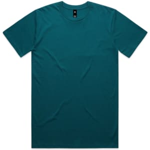 A teal T-shirt with a classic crew neck design and a tag label, featuring a logo.