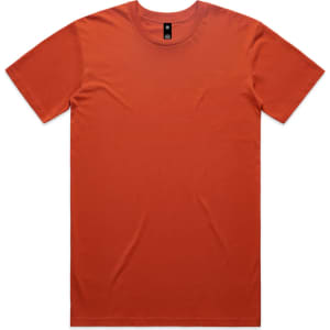 An orange T-shirt with a crew neck design, featuring a tag inside but no visible logos on the fabric.