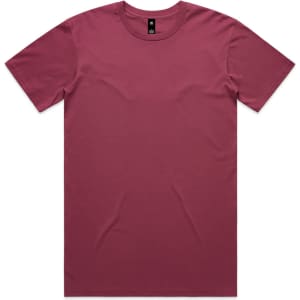 A maroon T-shirt with a round neck and short sleeves, featuring a logo in the neckline area.