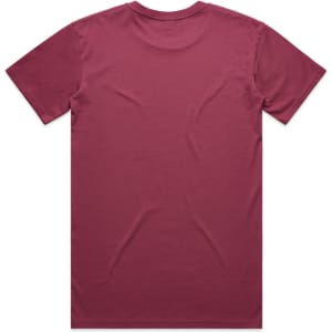 A maroon T-shirt with short sleeves, featuring a tagless back and no other visible design elements.