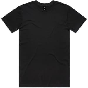 A plain black T-shirt with a round neck and short sleeves. It features a logo on the label.