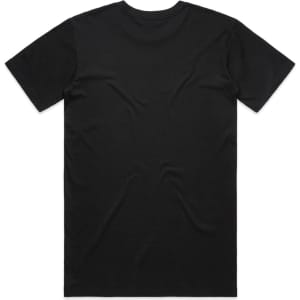 A black T-shirt featuring short sleeves and a plain back. The shirt has a logo on the label.