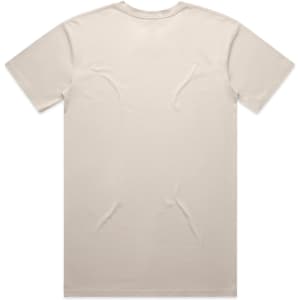 A beige t-shirt with a plain design and no visible branding, viewed from the back.
