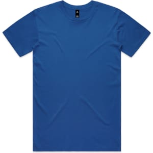 A blue t-shirt displayed flat, featuring a simple design and a logo at the neckline.