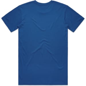 A blue T-shirt with short sleeves and a plain back, featuring a branding logo.