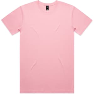 A pink T-shirt with a crew neckline and short sleeves, featuring a logo on the label.
