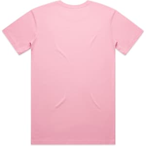 A pink T-shirt with a plain back design, featuring a logo or branding.
