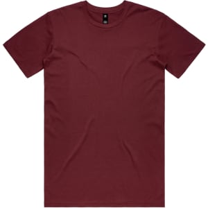A maroon T-shirt with short sleeves and a round neckline, featuring a logo on the inside label.