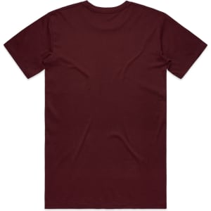 A maroon T-shirt with a plain back and a logo on the neck area. Ideal for casual wear.