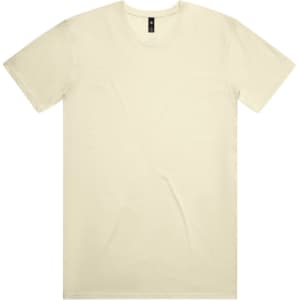 A plain cream T-shirt with a round neck and short sleeves. It features a logo in the neckline area.