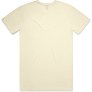 A plain cream T-shirt with short sleeves and a round neckline, featuring a logo on the back.