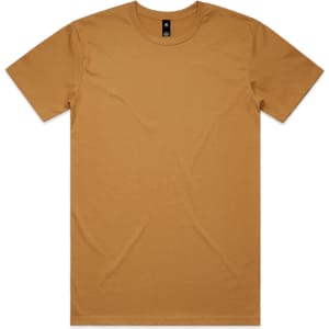 A plain mustard-coloured T-shirt with short sleeves and a logo on the neckline.