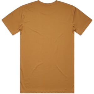 A plain, mustard-coloured T-shirt featuring short sleeves and a back view. The shirt includes a logo.