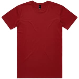 A red T-shirt with a crew neck and short sleeves, featuring a small logo on the neckline.