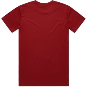 A red T-shirt with a plain back and short sleeves, featuring a logo on the label area.