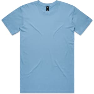 A plain light blue T-shirt with a crew neck and short sleeves, featuring a logo on the label.