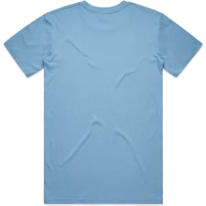 A light blue T-shirt with short sleeves and a plain back. It features a logo at the neckline.