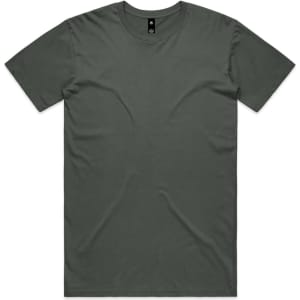 A green T-shirt with a round neckline and short sleeves, featuring a logo on the label.
