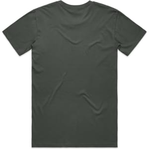 A plain dark green T-shirt with a standard crew neck and short sleeves, featuring a logo on the back.