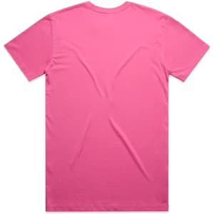 A pink unadorned T-shirt, displayed from the back, features short sleeves and a simple design.