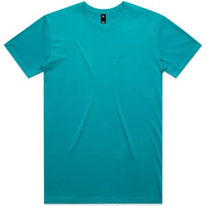 A teal T-shirt featuring a logo on the neckline, presented flat on a white background.