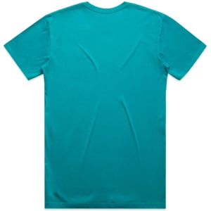 A turquoise T-shirt with a simple design, featuring a logo on the back.