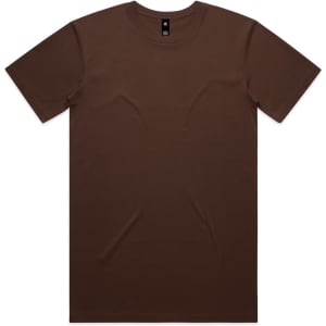 A brown t-shirt with short sleeves and a round neckline, featuring a logo on the tag.