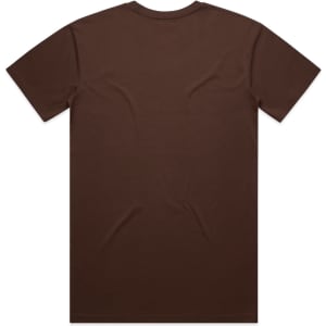 A brown T-shirt featuring a plain back and short sleeves, with a branding logo.