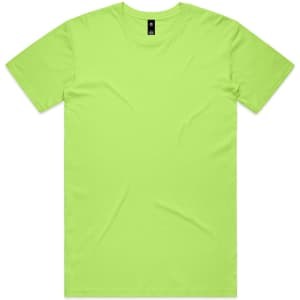 A bright lime green t-shirt with a standard crew neck and short sleeves, featuring a logo on the tag.