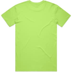 A bright lime green T-shirt with a plain back. It features a logo on the inside neck.