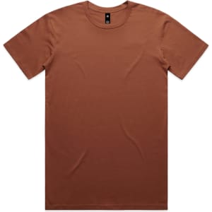 A brown T-shirt with a crew neck and short sleeves, featuring a logo label inside the collar.