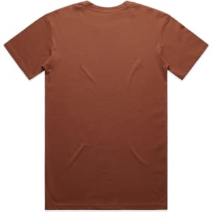 A brown T-shirt with short sleeves and a round neckline, featuring a logo on the back.