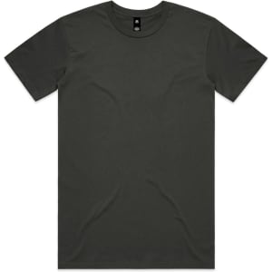 A plain dark grey t-shirt featuring a round neckline and short sleeves, with a logo on the label.