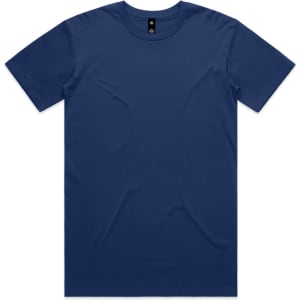 A navy blue t-shirt with short sleeves and a crew neckline, featuring a brand logo on the inside label.
