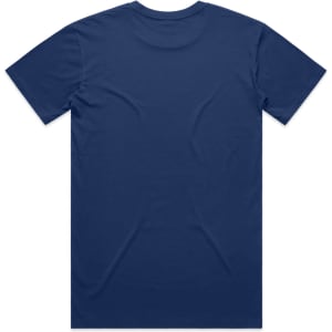 A navy blue T-shirt featuring a plain back design and a small logo on the neck area.