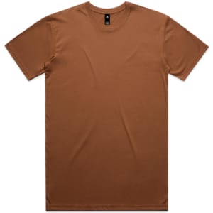 A plain brown t-shirt with a classic crew neckline and short sleeves. It features a logo at the neck area.