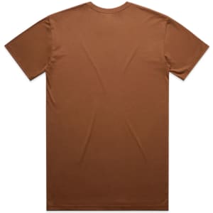 A brown T-shirt with short sleeves and a plain back design. It features a logo on the label.