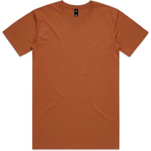 A plain brown T-shirt with a round neckline and short sleeves, featuring a small logo at the collar.