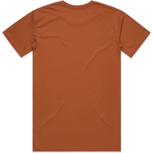 A brown T-shirt featuring a back view with a smooth texture and no visible designs. It has a logo on the label.