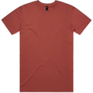 A rust-coloured t-shirt displayed flat, featuring a simple design and a brand logo on the inside collar.