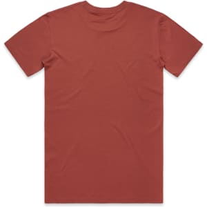 A back view of a rust-coloured t-shirt featuring a logo. The fabric appears smooth and comfortable.