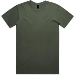 An olive green t-shirt with a crew neck and short sleeves, featuring a logo on the label.