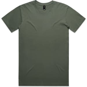 A plain olive green t-shirt featuring a crew neck and short sleeves, with a small logo on the label.