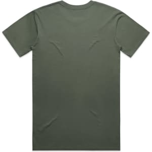 A plain olive green T-shirt with a standard crew neck and short sleeves, featuring no visible branding.