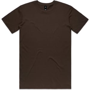 A brown T-shirt with a crew neck and short sleeves. The shirt features a logo at the neck.