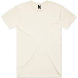 A plain cream-coloured T-shirt featuring short sleeves and a round neckline, with a logo on the label.
