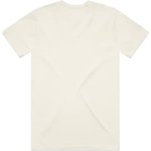A light beige T-shirt with a simple design and a brand logo on the back.