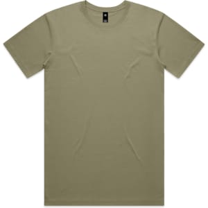 An olive green T-shirt featuring a crew neck and short sleeves, with a logo on the label.